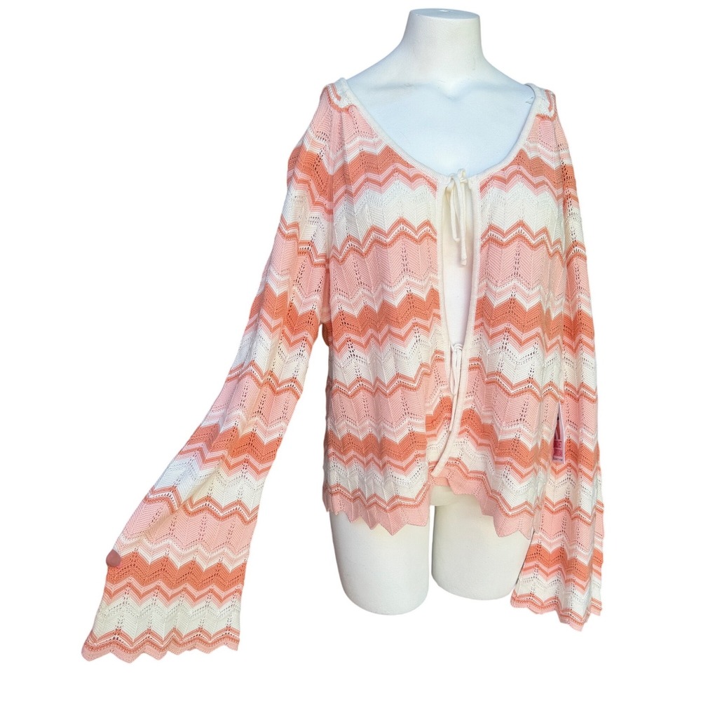 Celebrity Pink XXXL Pink Orange Chevron Knit Bell Sleeve Tie Front Cardigan Boho